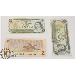 TWO CANADIAN 1972 $1 BILLS & ONE 1986 $2 BILLS