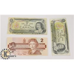 TWO CANADIAN 1972 $1 BILLS & ONE 1986 $2 BILLS