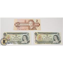 TWO CANADIAN 1972 $1 BILLS & ONE 1986 $2 BILLS