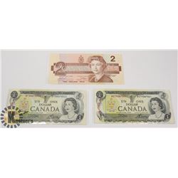 TWO CANADIAN 1972 $1 BILLS & ONE 1986 $2 BILLS