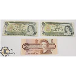 TWO CANADIAN 1972 $1 BILLS & ONE 1986 $2 BILLS