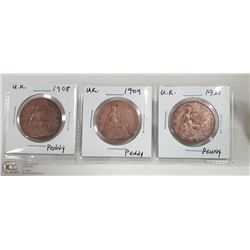 3 BRITISH PENNIES   1908  1909  1921