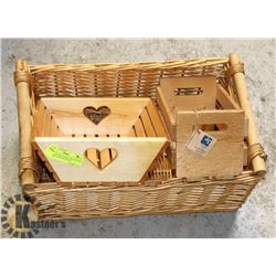 WOOD HEART CARVED BOX,WICKER BASKET ,NEW WOOD BOX