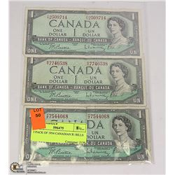 3 PACK OF 1954 CANADIAN $1 BILLS