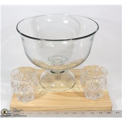 GLASS BOWL, CUTTING BOARD AND CANDLE HOLDERS