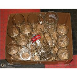 BOX W/ASSORTED GLASSWARE INCL. 6 BEER