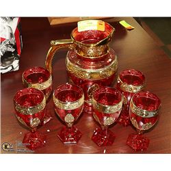 ART GLASS RED BLUE PITCHER & GLASS SET