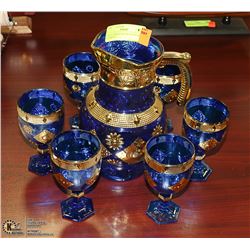 ART GLASS ROYAL BLUE PITCHER & GLASS SET