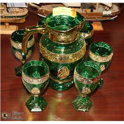 ART GLASS GREEN & GOLD PITCHER & GLASS SET