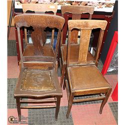 FOUR STURDY OAK AND LEATHER ANTIQUE CHAIRS