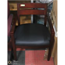 WOOD & BLACK LEATHERETTE ARM CHAIR