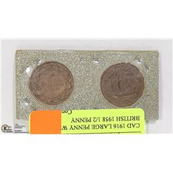 CAD 1916 LARGE PENNY WITH 1 BRITISH 1958 1/2 PENNY