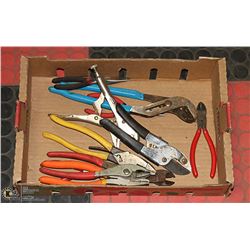 LARGE BOX WITH VARIOUS PLIERS, SNIPS, CUTTERS AND