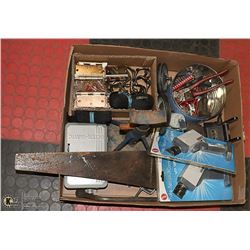LARGE TRAY OF STRAPS, CAR STAND, TOOLS AND MORE