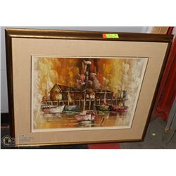 PICTURE OF BOAT HOUSE WITH BOATS OIL ON BOARD