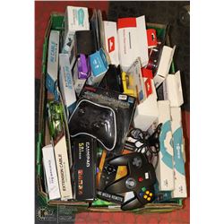 LARGE FLAT OF NEW GAMING ELECTRONICS, CORDS AND