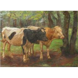 Irving R. Bacon (American) Oil: Cows in Woods