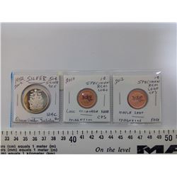 2002 SILVER 50 CENT PIECE, 2 PENNIES 2010 & 2012