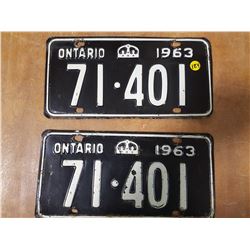 Matched Pair 1963 Ontario Plates