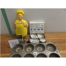 Happy chef nutmeg grinder, old muffin tin, tart maker