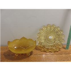 golden footed fruit bowl, golden yellow dish
