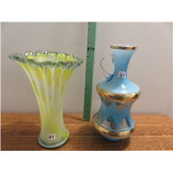 Green yellow case, blue vase jug, 12" tall