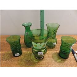 5 green vases