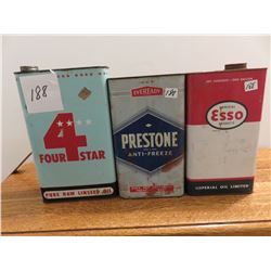 1 gallon Esso, 1 gallon Prestone Eveready antifreeze, 1 gallon 4 star linseed