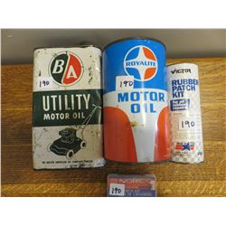 B.A. quart oil, Royalty oil quart - Victor rubber patch, Norco kit patch