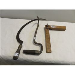 Hand scythe, bale hook, wood square
