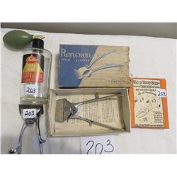 2 hair clippers, 1 Eatons, 1 old foot support - fuller atomizer