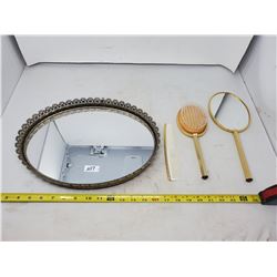 COMB BRUSH, MIRROR SET ON OVAL MIRROR BASE