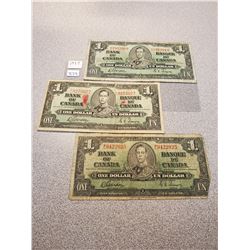 3 1937 Canadian $1.00 bills