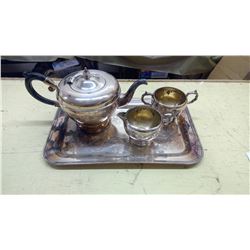 SMALL SILVER TEA SET - TEAPOT, CREAM, SUAGR + SERVING PLATTER