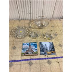 3 CLEAR GLASS BOWLS + CLEAR GLASS TRAY/SERVING DISH + 2 GLASS PICTURES