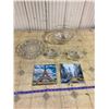 Image 1 : 3 CLEAR GLASS BOWLS + CLEAR GLASS TRAY/SERVING DISH + 2 GLASS PICTURES