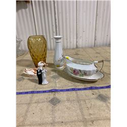 2 VASES 1 IS AMBER YELLOW AND THE OTHER 1 HAS FLOWERS + GRAVY BOAT