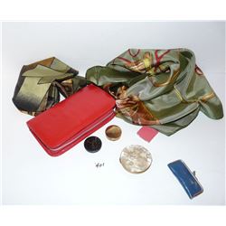 Picasso & Horse Scarves (has some holes), Compact Mirror, Blush, Sewing Kit, Travel Kit