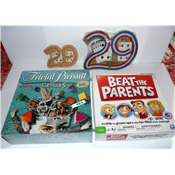 Beat the Parents, Trivial Pursuit (New Sealed), Wooden Cribbage, Plastice Cribbage (New, Sealed)