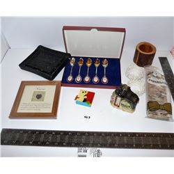 Nurses Angel Plaque, Waskesiu Bear Thermometer, Hawaiian Pic, Spoons (missing 1), etc.