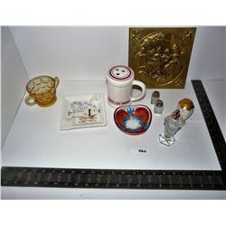 Amber Sugar Bowl, Brass Plaque (England), Limoges Shaker, W. Germany Shaker, Pair of Crystal Salt & 