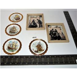 Two (2) Victorian Silhouette Pictures; Four (4) Small Royal Grafton Wall Hanging Plates Ships