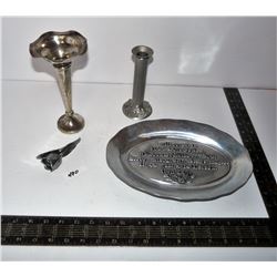 Pewter Items; Tray, Candlestick & Rose (Both Seagull Pewter), Birks Candlestick