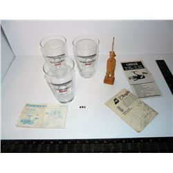 Hand Carved Wooden Angler Figure, Rapala Glasses (3), Reel Brochures