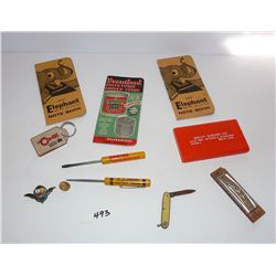 Vintage Pins, Note Books, Screw Drivers, Knife, Etc.