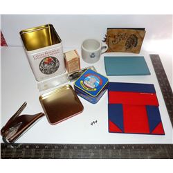 Fold Down Eye Glass Cases, Canada Remembers Tea Tin, Expo '86 Tin, Pen Nibs, Ink Bottle, Military Mu