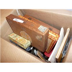Cigar Boxes, Cheez Whiz Jars, Aprons, Books, Belt Buckle, Fishing Lure, Etc.