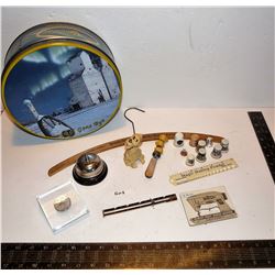 Glen Scrimshaw Tin, Desk Bell, Goofy, Thimbles, Etc.