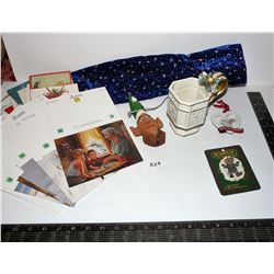 Christmas Items; Vintage Cards, Fitz & Floyd Cup, Carved Elf, Etc.