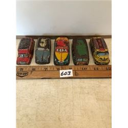 Lot of 5 litho tin cars, trucks 1950's